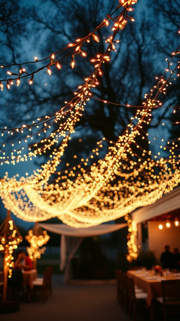 A beautiful canopy of fairy lights illuminating an outdoor dining area at dusk.