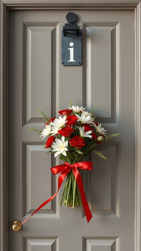 A door with a floral bouquet of red roses and white lilies tied with a red ribbon, hanging on a gray door.
