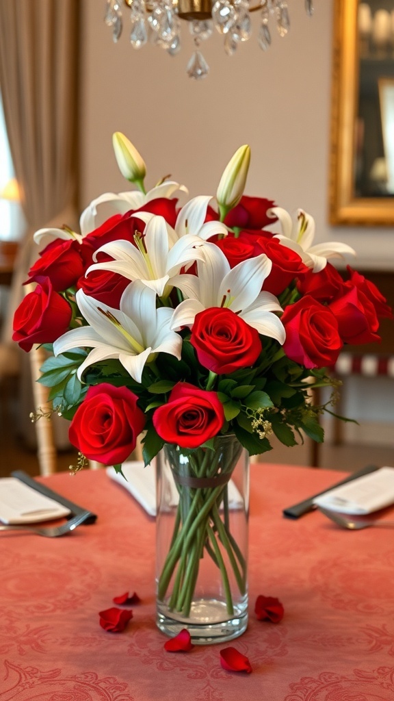 A beautiful floral centerpiece with red roses and white lilies in a glass vase, surrounded by rose petals on a dining table.