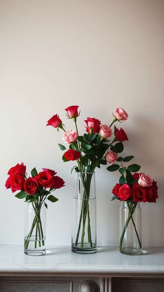 Three vases with red and pink roses on a marble surface