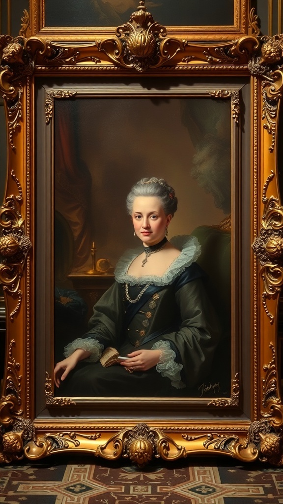 An ornate gold leaf picture frame surrounding a classic portrait