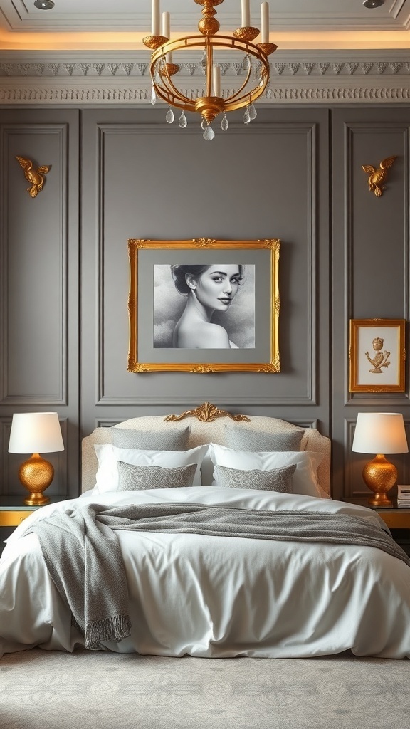 A stylish grey bedroom featuring gold accents, elegant chandelier, and decorative artwork.