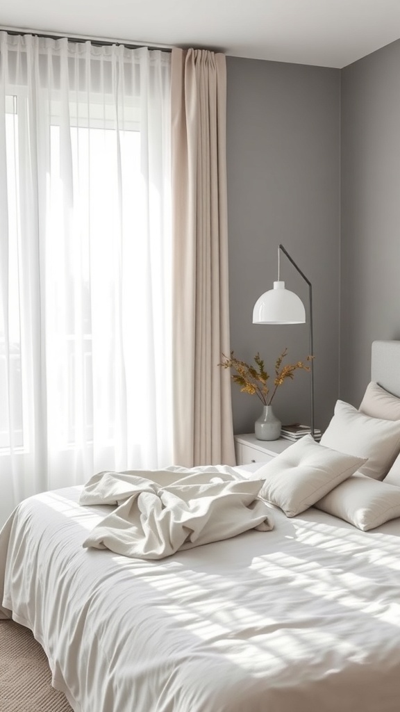 A cozy grey and white bedroom with soft bedding and natural light.