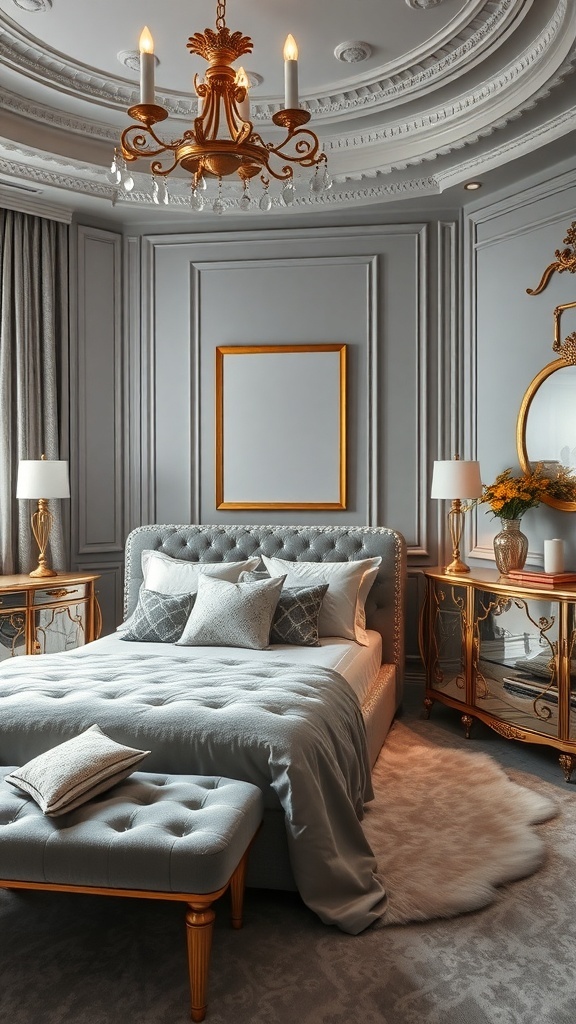 A stylish grey bedroom featuring gold accents, a plush bed, and elegant decor.