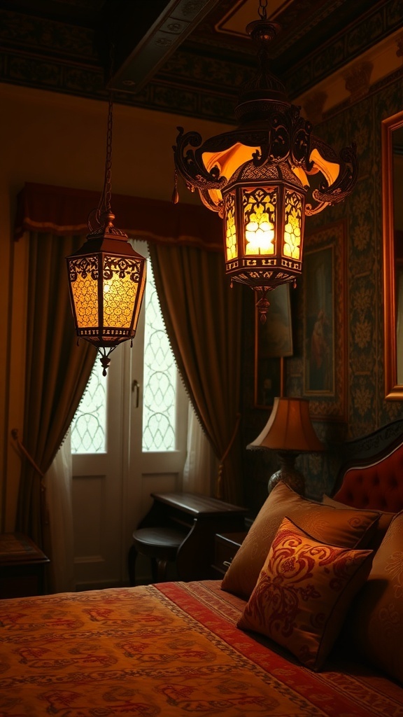 Two ornate lanterns hanging in a beautifully decorated bedroom with warm lighting.