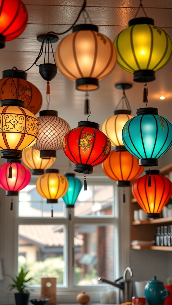 Colorful lanterns hanging from the ceiling in a kitchen
