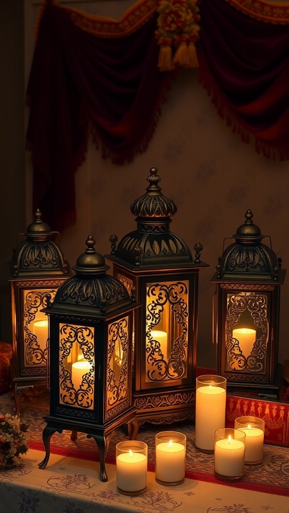 A display of elegant lanterns with candles, creating a warm atmosphere.
