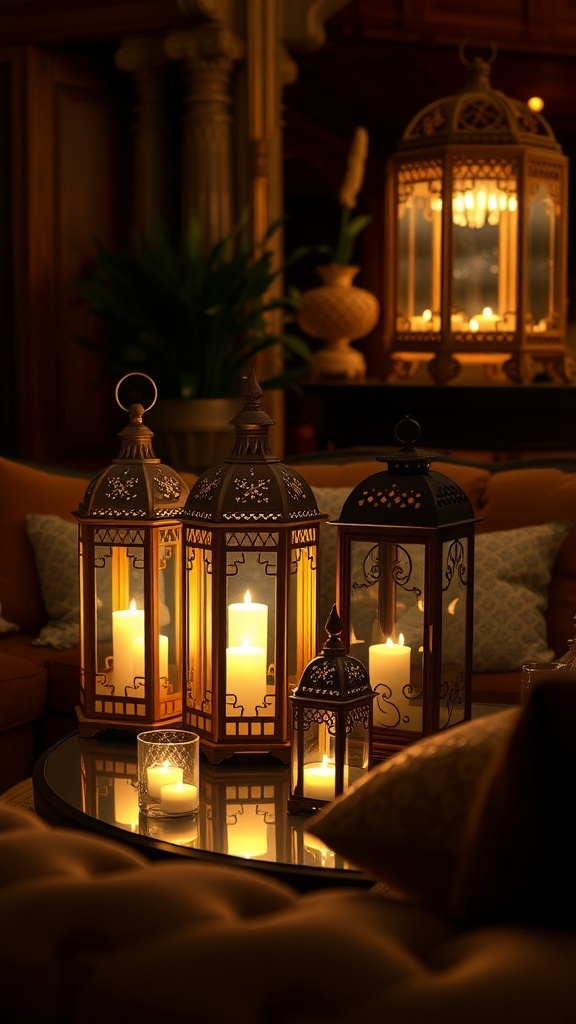 A cozy living room with elegant lanterns displaying soft candlelight on a coffee table.