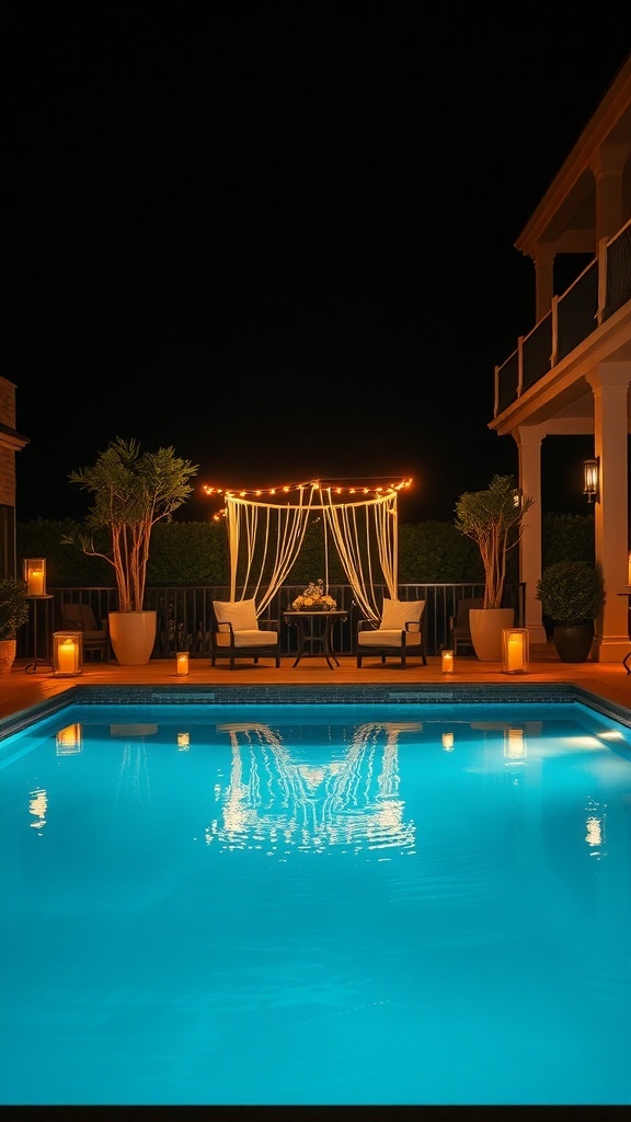 A beautifully lit backyard pool area at night with string lights, two chairs, and lanterns.