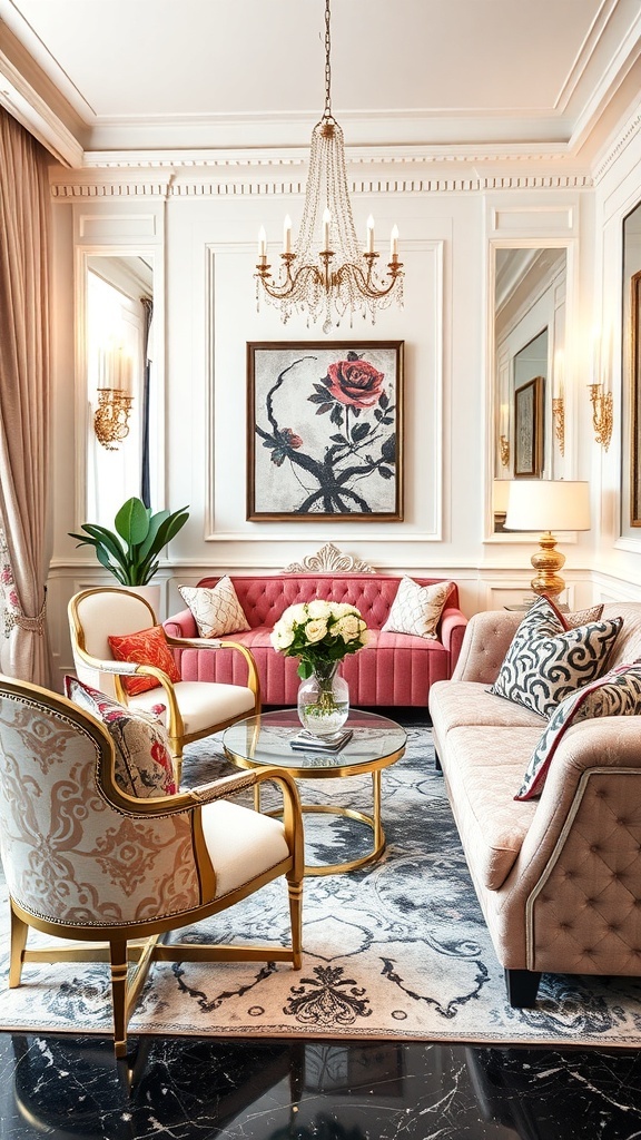 A stylish glam room featuring pink sofas, elegant armchairs, a round coffee table, and decorative elements.