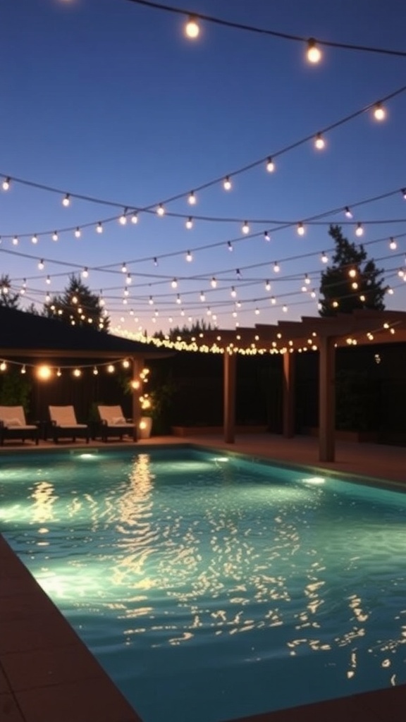 A beautifully lit pool area at night with string lights overhead.