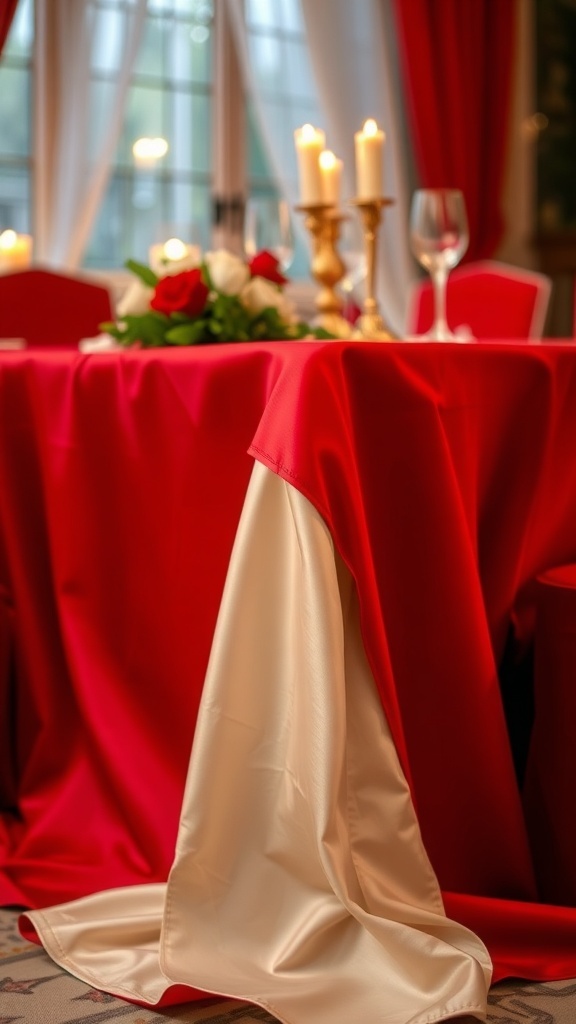 A beautifully set table with a red tablecloth, white table overlay, candles, and roses.