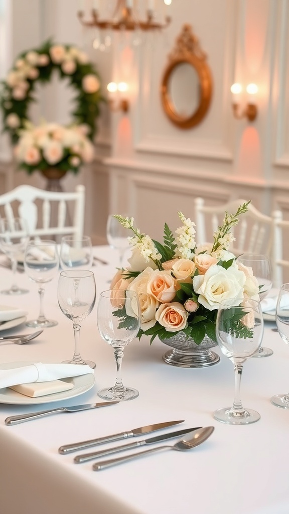 Elegant table setting with fine china, glassware, and floral centerpiece.