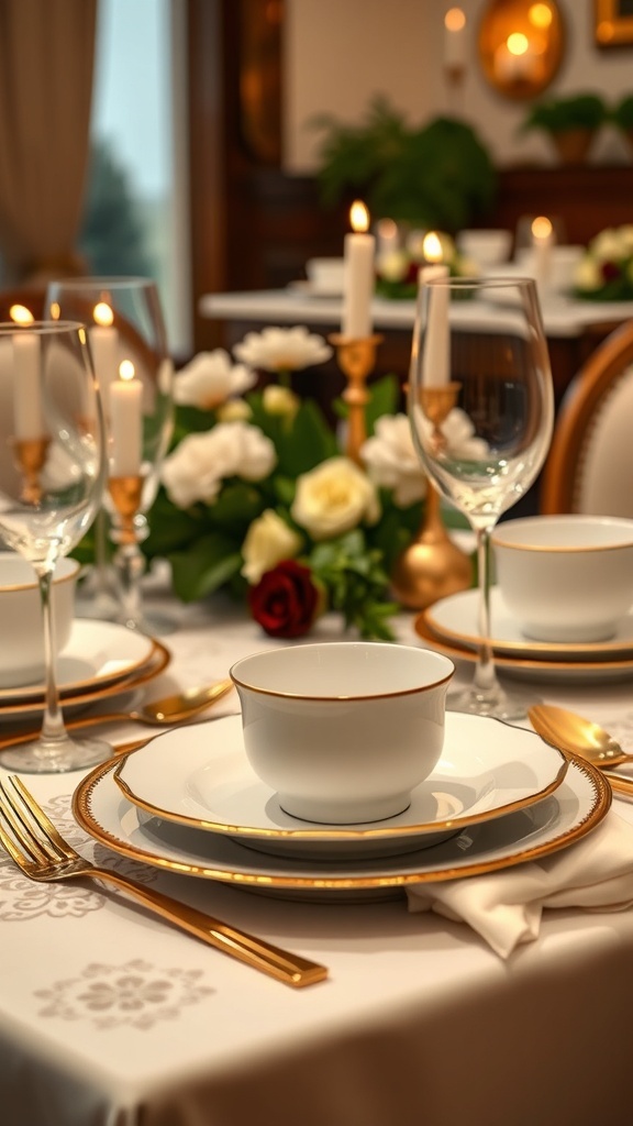 A beautifully set table with white plates featuring gold accents, elegant glassware, and candles, surrounded by fresh flowers.