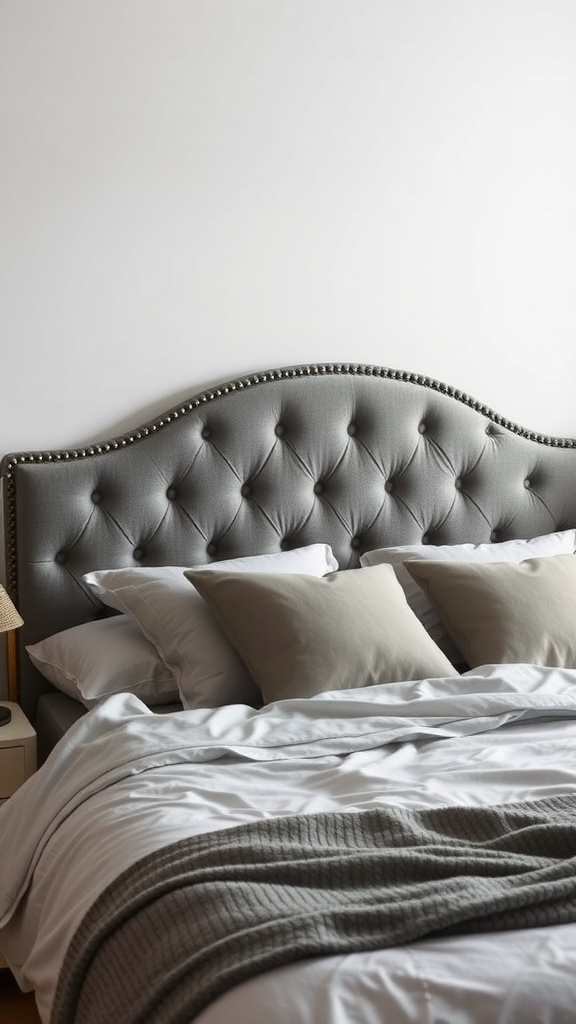 Elegant grey upholstered headboard with tufted design and decorative trim in a cozy bedroom setting.