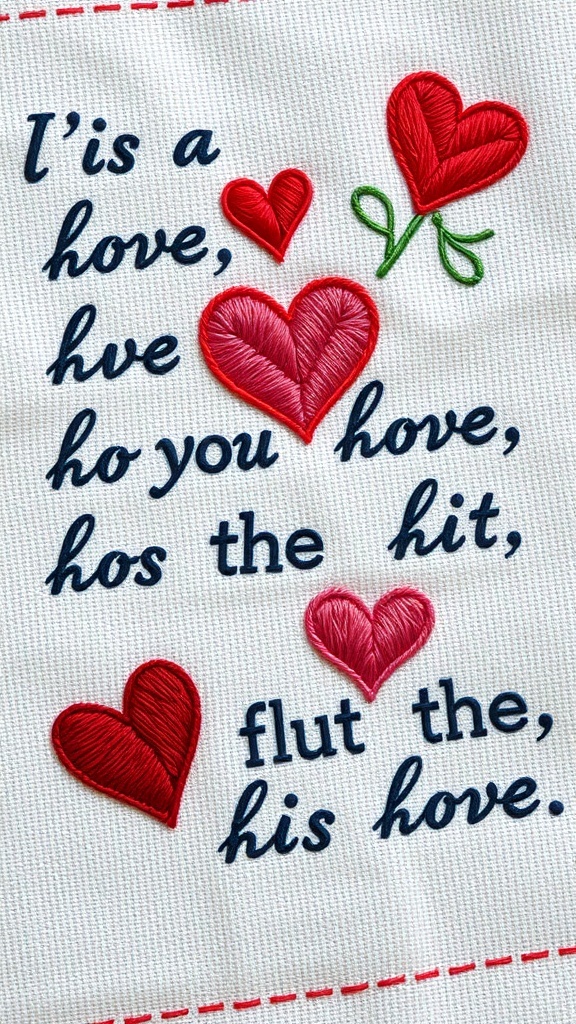 Embroidered fabric featuring colorful hearts and love messages.