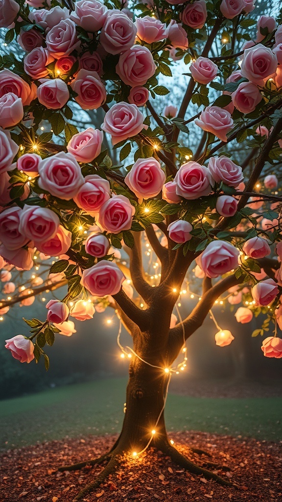 A beautifully decorated tree with pink roses and fairy lights.