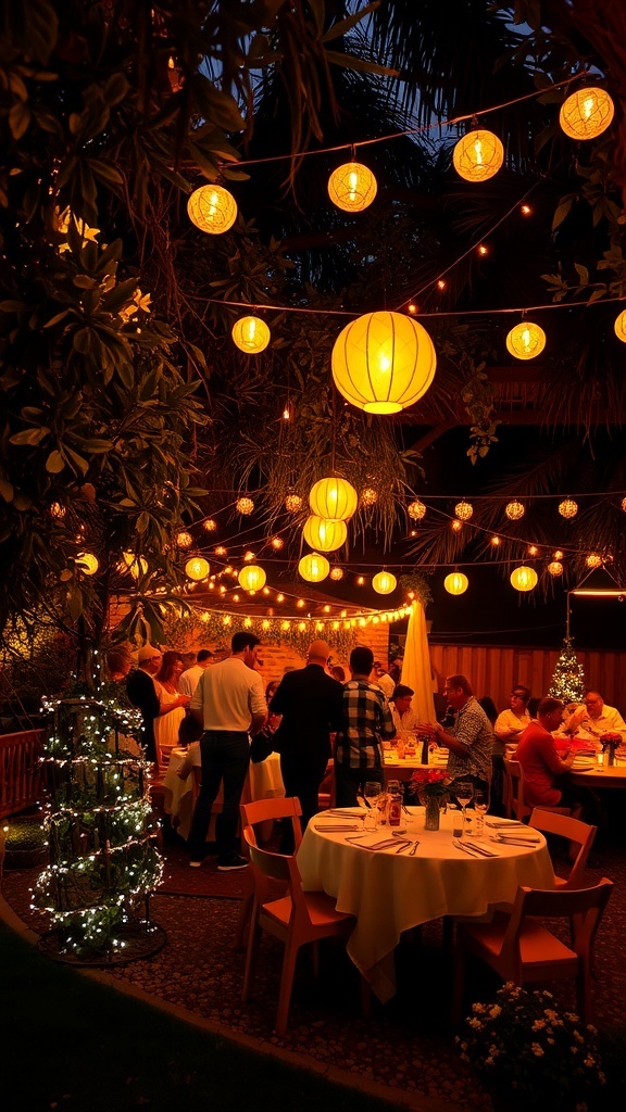 A beautifully lit garden party with string lights and lanterns.