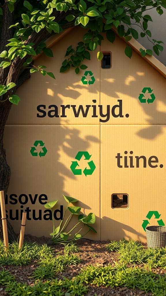 A cardboard house with green recycling symbols and plants around it.