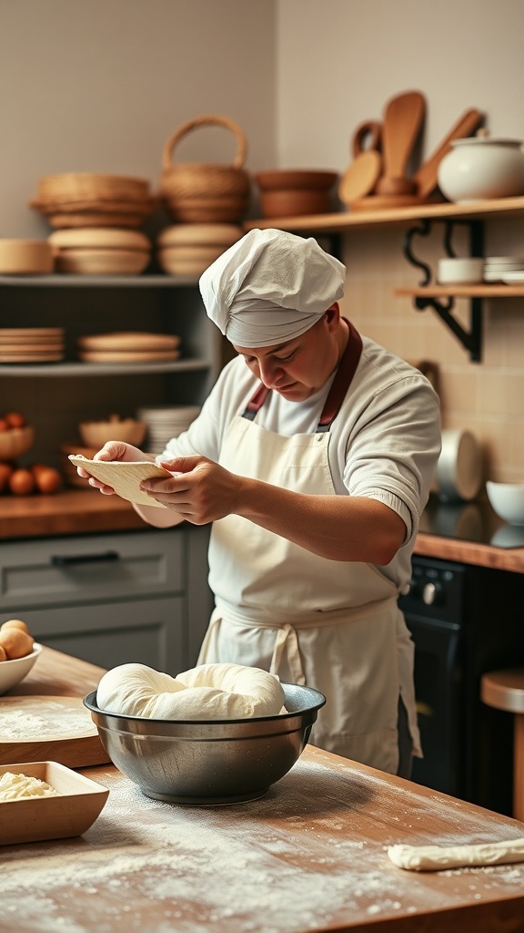 A baker in a cozy kitchen, focused on preparing dough with various baking tools and ingredients around.