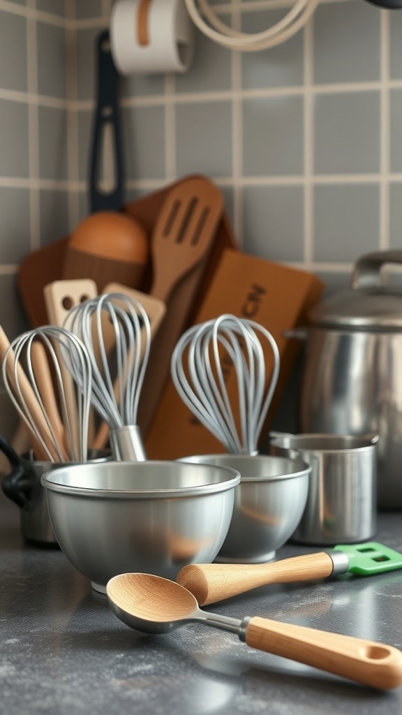 A collection of essential baking tools including mixing bowls, whisks, measuring cups, and wooden spoons.