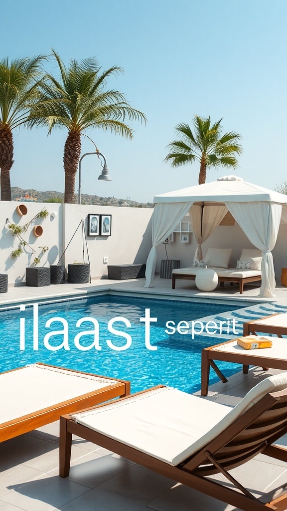 A stylish poolside area featuring lounge chairs and a cabana surrounded by palm trees.