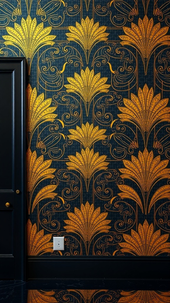 Fondo de pantalla Art Deco con patrones dorados sobre fondo oscuro.