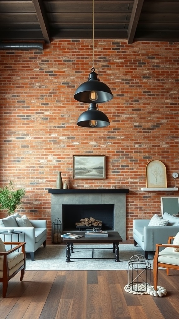 A cozy living room featuring exposed brick walls and modern metal fixtures.