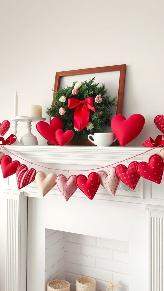 A decorative fabric heart garland displayed on a mantel, featuring various heart shapes in red and pink fabrics.