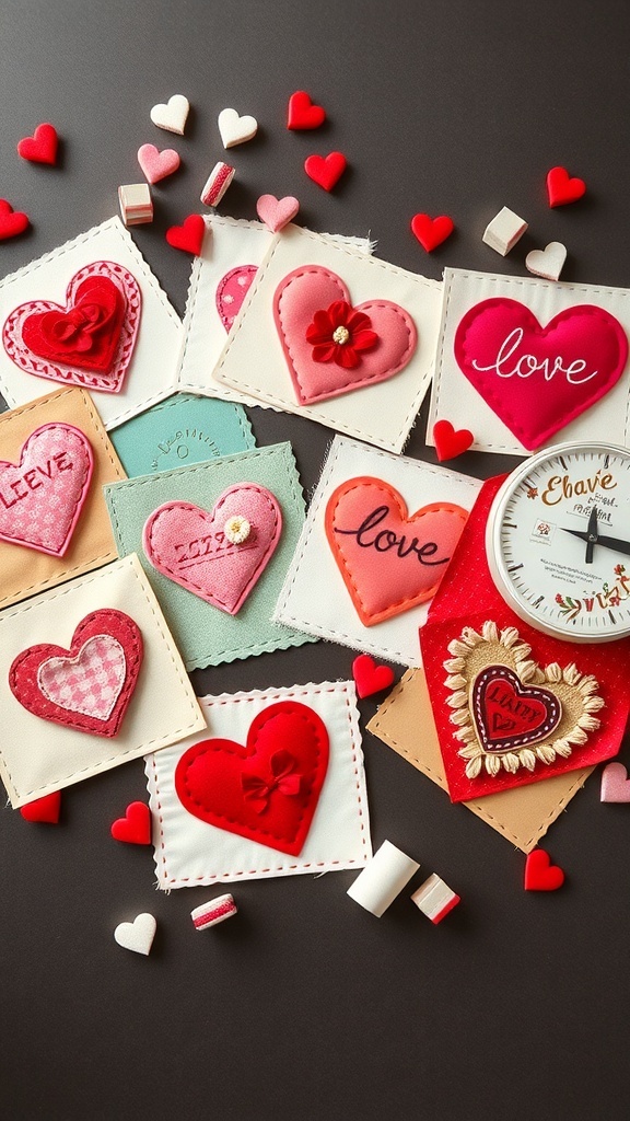 Colorful fabric scrap Valentine cards with hearts and embellishments