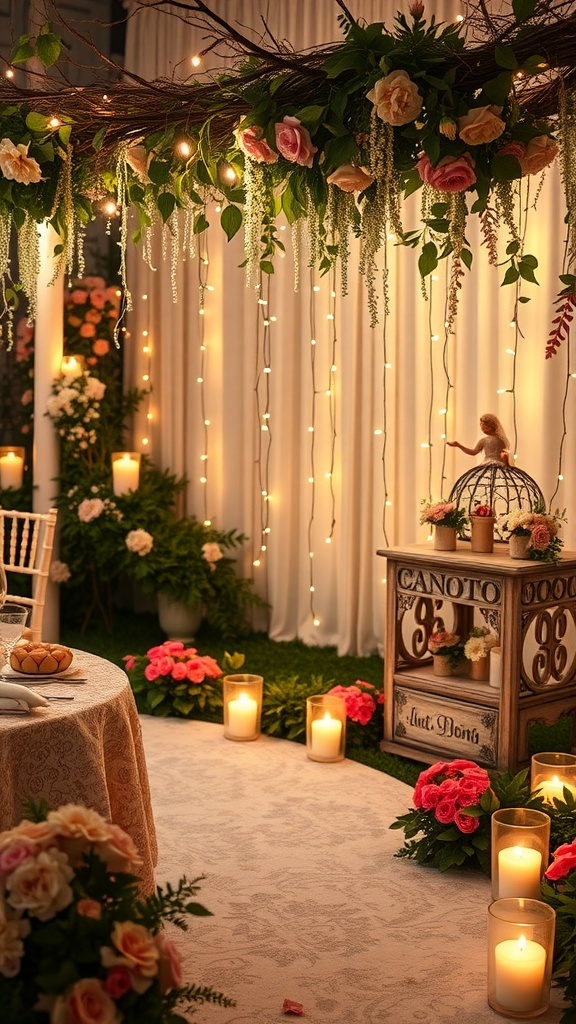 A beautifully decorated fairy garden setup for a summer baby shower, featuring flowers, candles, and soft lighting.