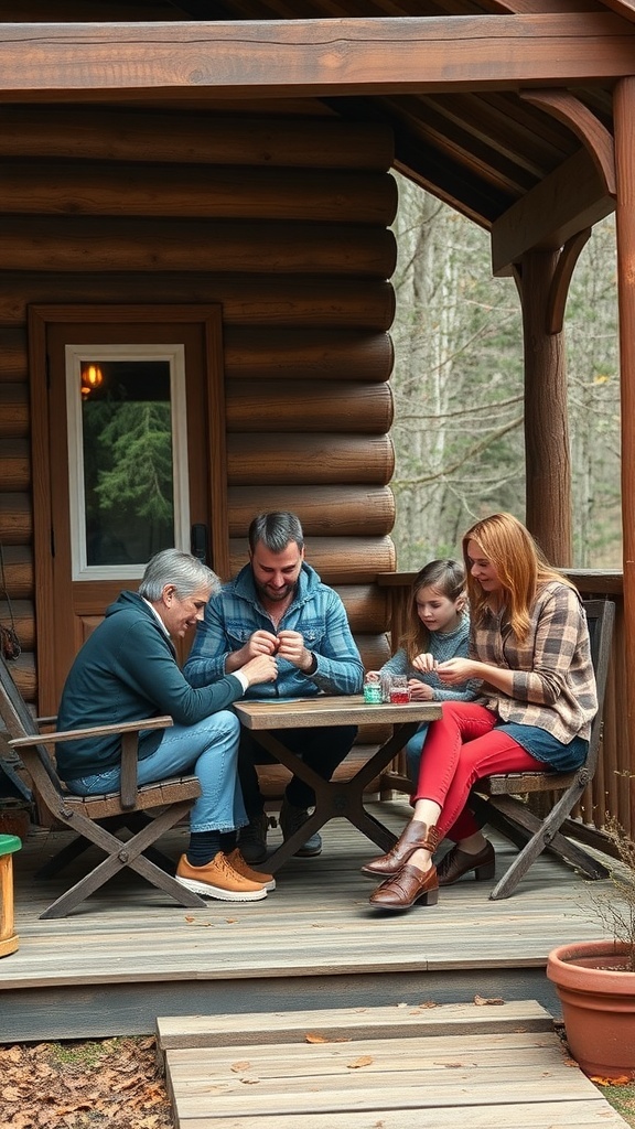 A family enjoying time together on a cabin porch, playing games and sharing stories.