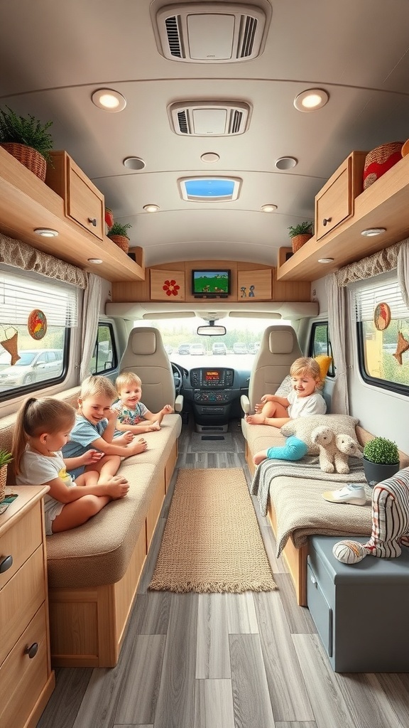 A cozy RV interior with children playing, featuring soft seating and light wood cabinets.