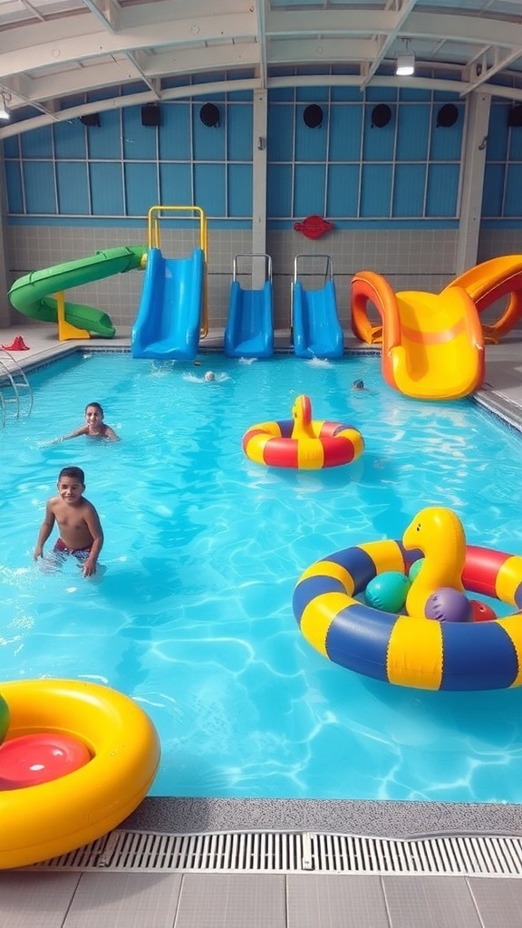 Indoor pool with colorful slides and inflatable floaties, children playing and swimming