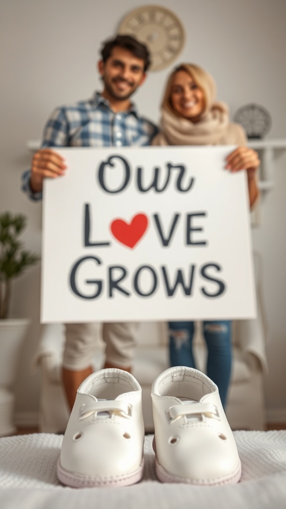 A couple holding a sign that says 'Our Love Grows' with baby shoes in the foreground.