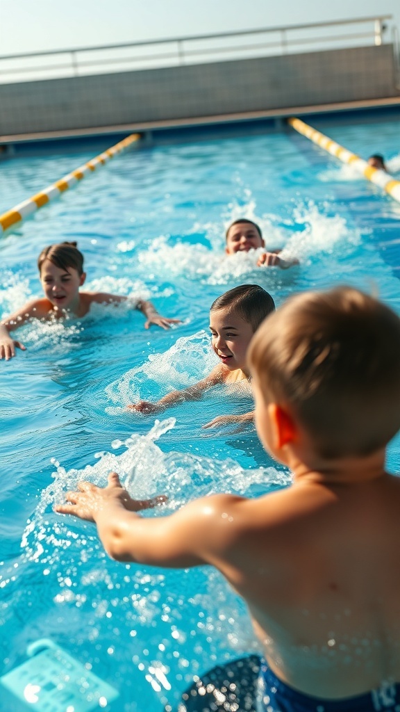 Kids participating in a relay race in a swimming pool, splashing water and having fun.