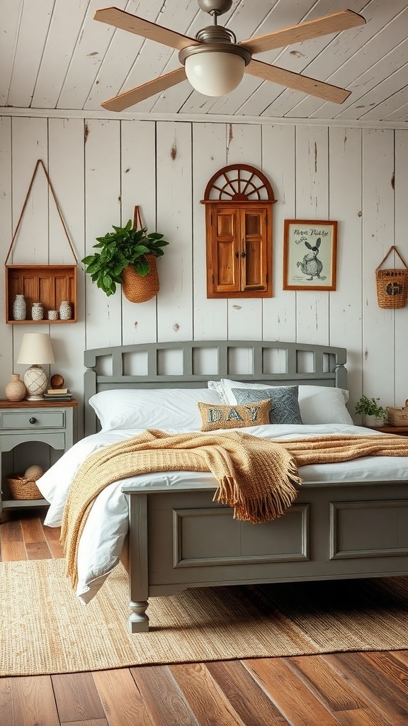 A cozy bedroom featuring a grey bed frame, warm throw, and rustic decor.