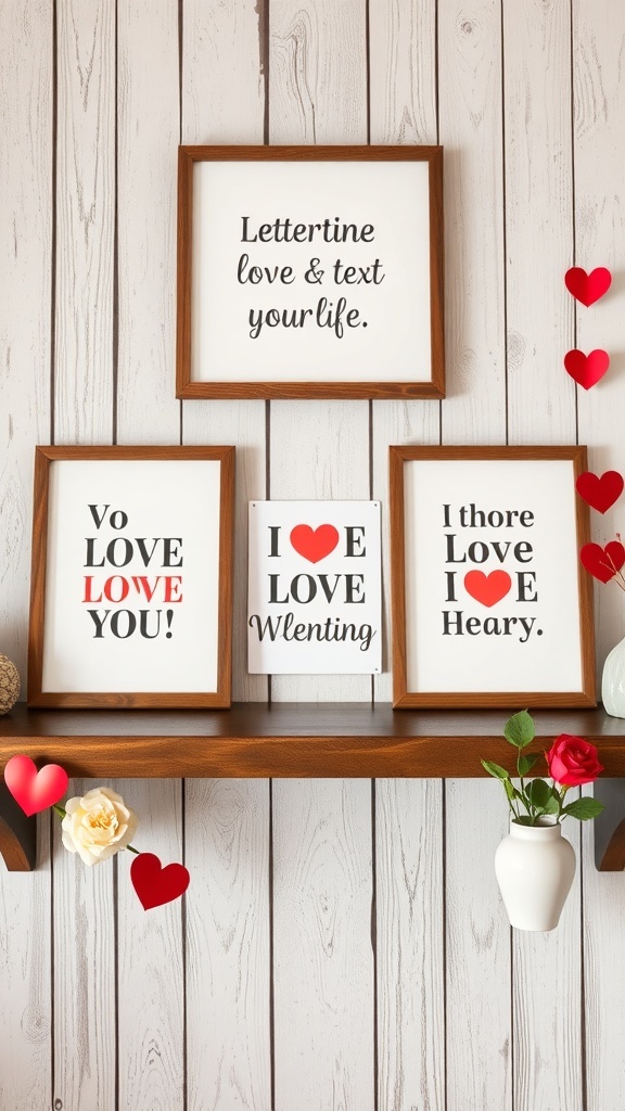 A collection of framed love quotes displayed on a wooden shelf, featuring playful typography and heart decorations.