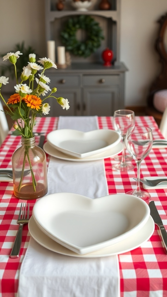 A farmhouse style table setting with heart-shaped plates, a checkered tablecloth, and a vase of flowers.