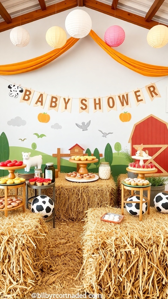 A colorful farmyard themed baby shower setup with hay bales, a 'BABY SHOWER' banner, and farm decorations.