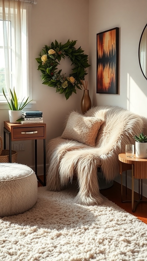 A cozy glam room featuring faux fur and shag rugs, with a plush chair, pouf, and decorative plants.