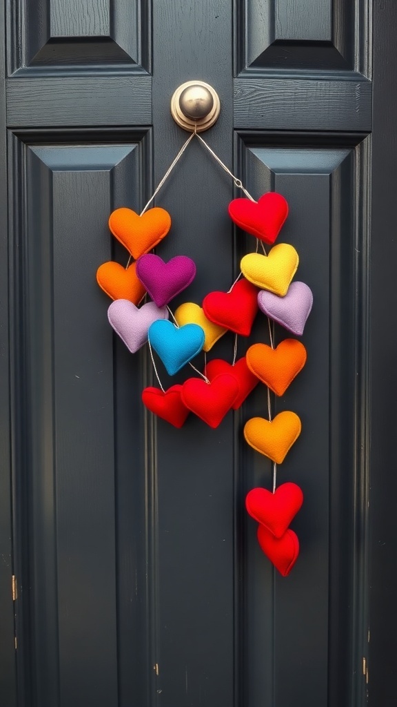 Colorful felt heart garland hanging on a door
