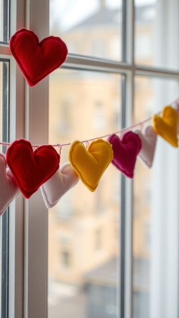 Colorful felt heart garland hanging in a window