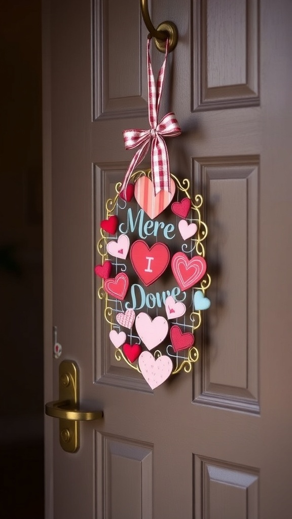 A decorative door hanger with hearts and the words 'I Love You' hanging on a door.