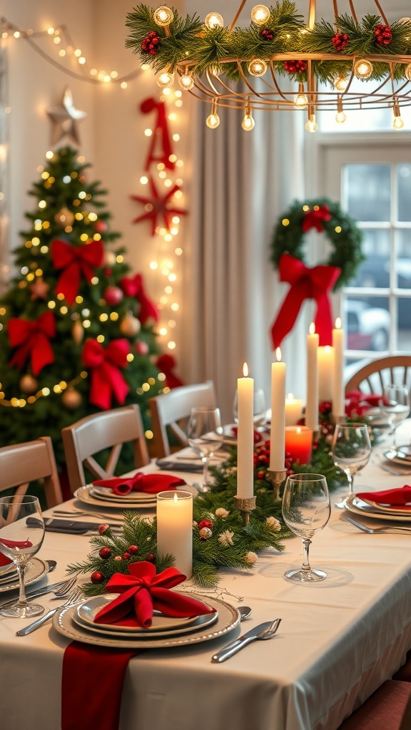 A beautifully decorated holiday table with candles, greenery, and red accents, set against a backdrop of a Christmas tree and festive decorations.