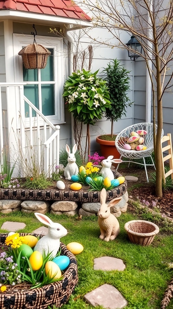 A charming outdoor Easter decoration scene featuring bunnies, colorful eggs, and flowers.