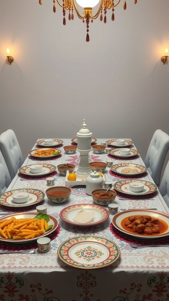 A beautifully set table for Ramadan with traditional dishes and colorful plates.