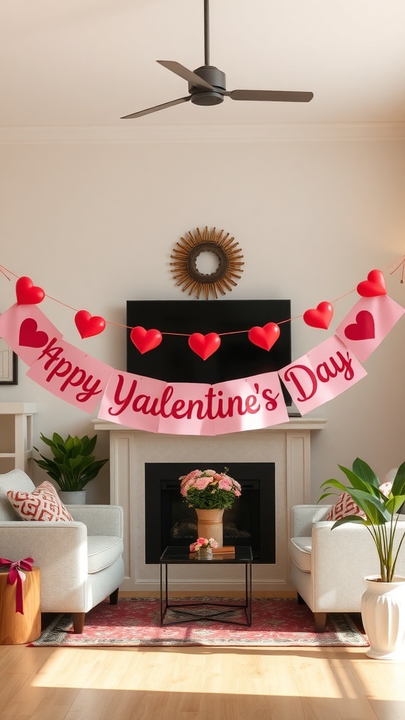A festive Valentine's Day banner reading 'Happy Yaelentine's Day' with heart decorations, displayed in a cozy living room.