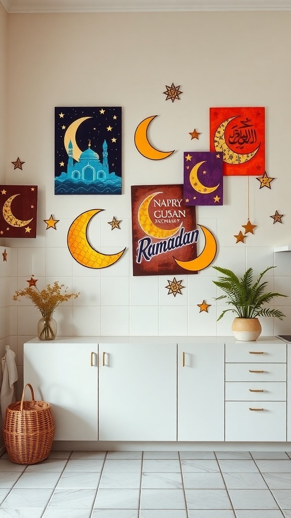 Colorful Ramadan-themed wall art in a kitchen, featuring crescent moons, stars, and festive messages.