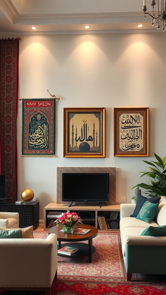 A cozy living room decorated for Ramadan with elegant wall hangings featuring calligraphy and traditional designs.